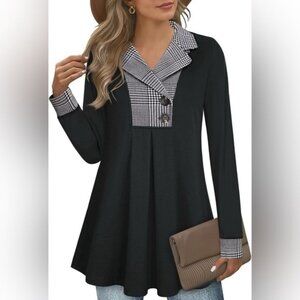 Gaharu Women Top XL Black Houndstooth Long Plaid Collar Long Sleeve Button Detai
